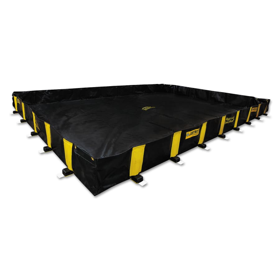 Justrite Rigid-Lock QuickBerm black spill containment berm 16 ft x 12 ft deployed