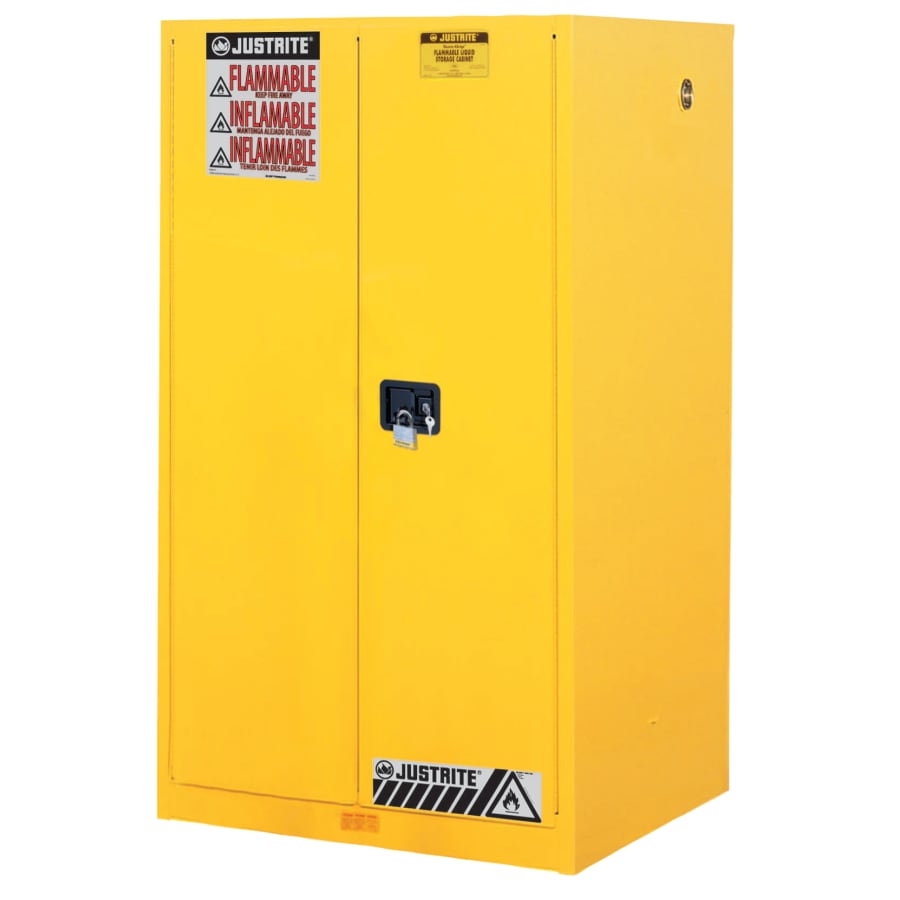 Justrite Sure-Grip EX 60-gallon yellow flammable safety cabinet with 2 manual-closing doors